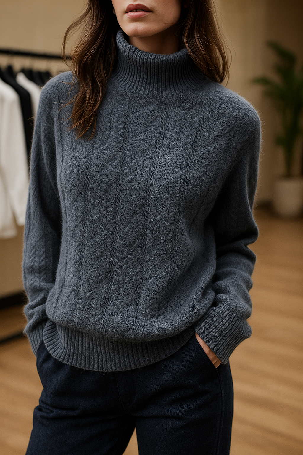 Elegant beige cashmere cable knit sweater for women by Christine Brewer, displayed on a mannequin.