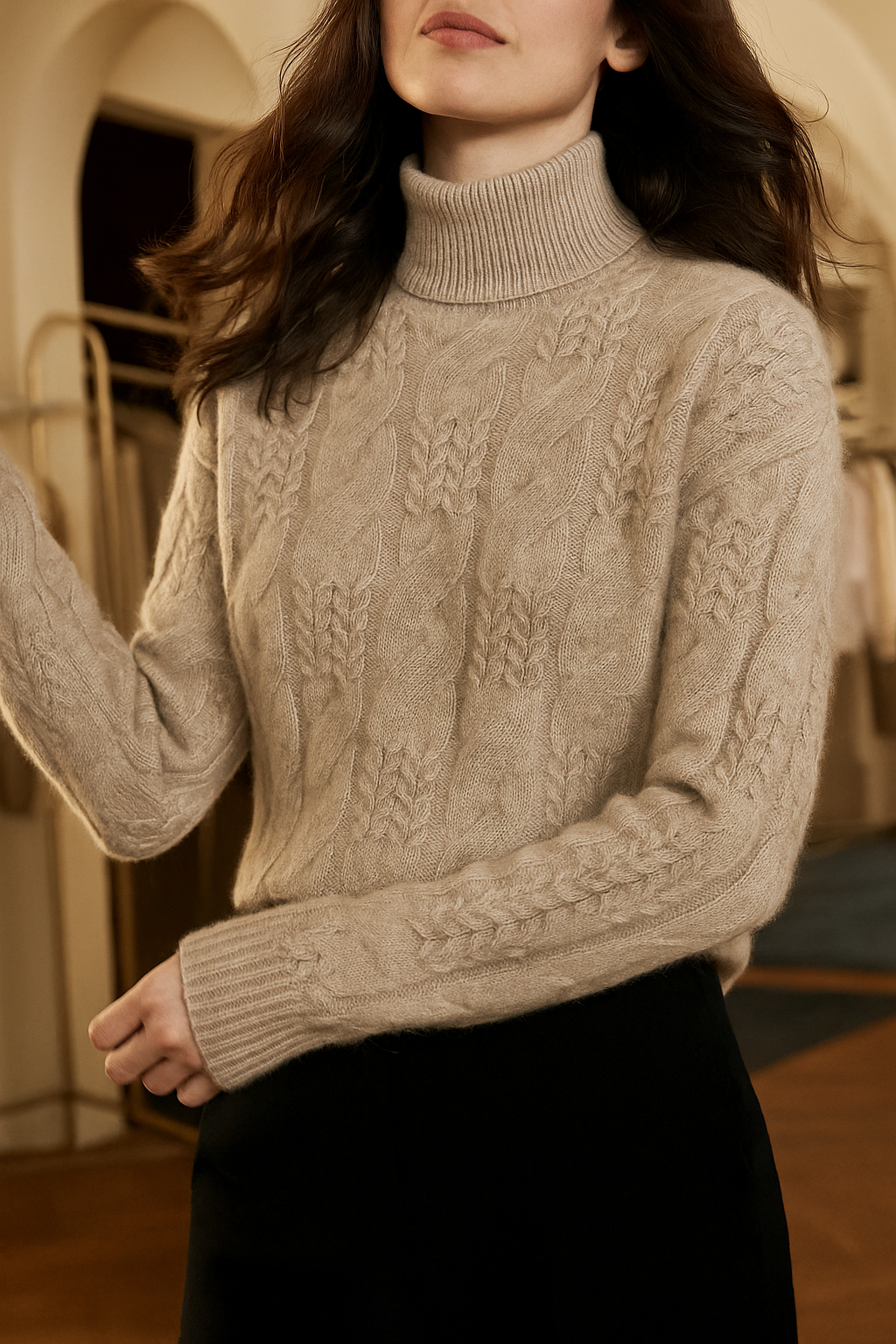 Christine Brewer Janet cashmere cable knit sweater for women, featuring a cozy, textured knit design in a luxurious style.