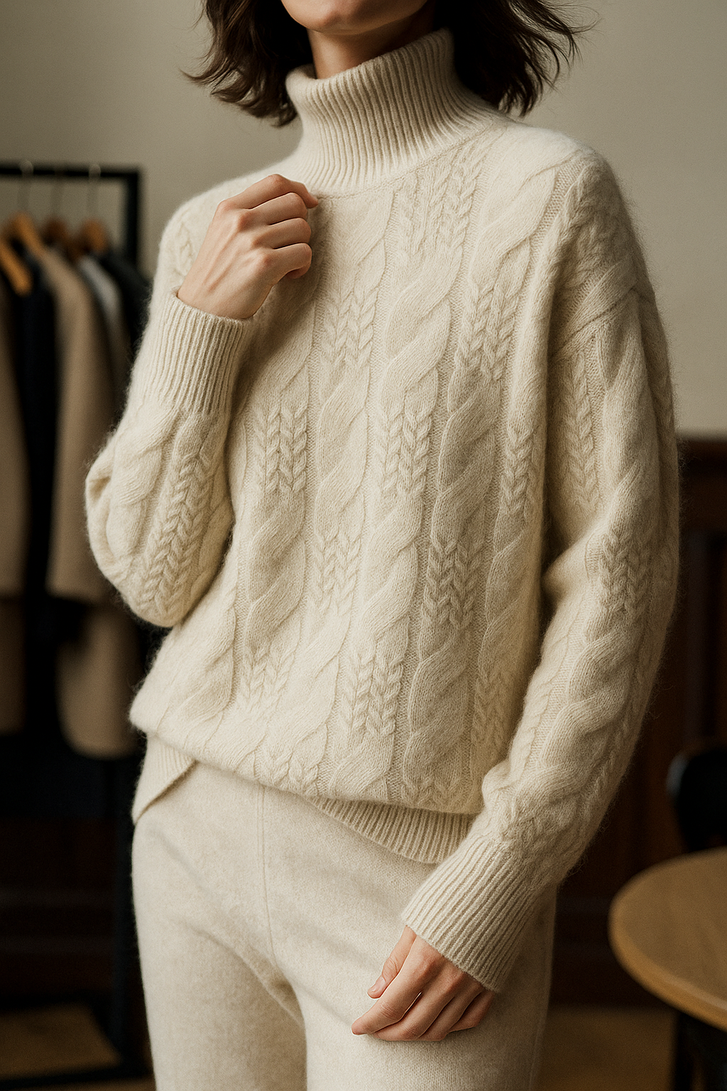 Elegant cashmere cable knit sweater for women by Christine Brewer, featuring a cozy, classic design in soft, luxurious fabric.