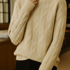 Elegant cashmere cable knit sweater for women by Christine Brewer, featuring a cozy, stylish design in soft, luxurious fabric.