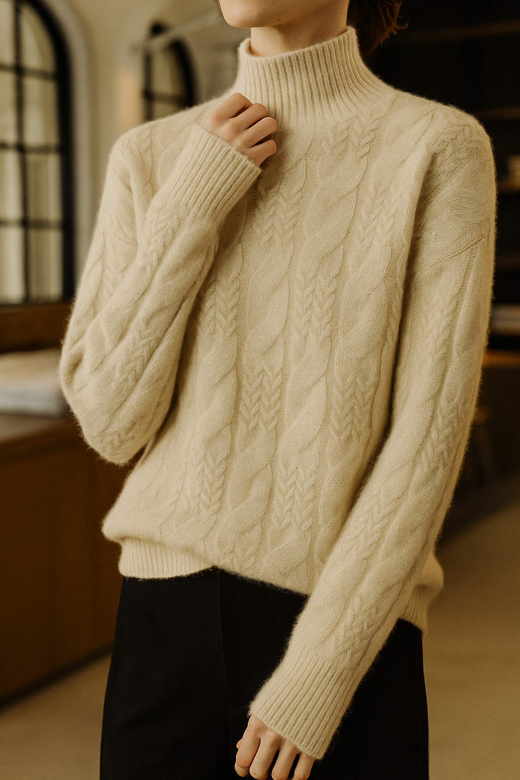 Elegant cashmere cable knit sweater for women by Christine Brewer, featuring a cozy, stylish design in soft, luxurious fabric.