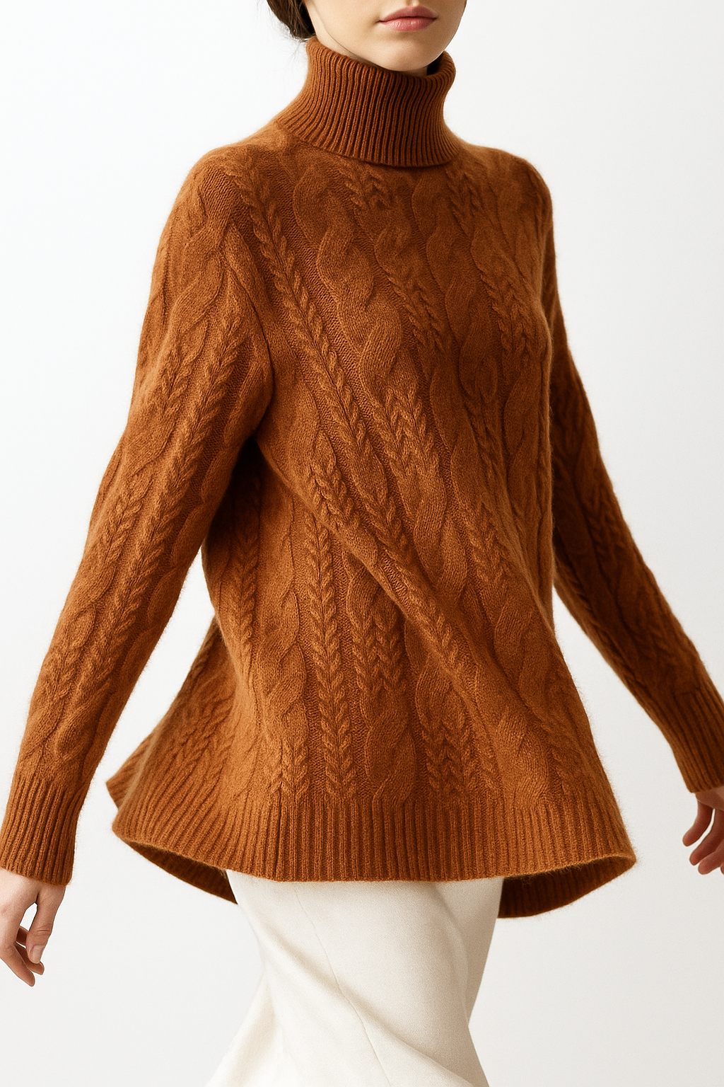 Cream-colored Janet cashmere cable knit sweater for women by Christine Brewer, featuring textured knitting and a cozy fit.