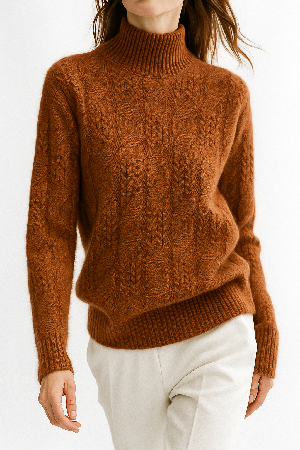 Janet cashmere cable knit sweater for women by Christine Brewer, displayed in a cozy, textured knit pattern in natural light.
