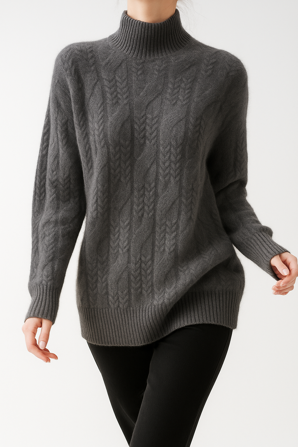 Cashmere cable knit sweater for women by Christine Brewer, featuring a cozy, elegant design in a neutral tone.