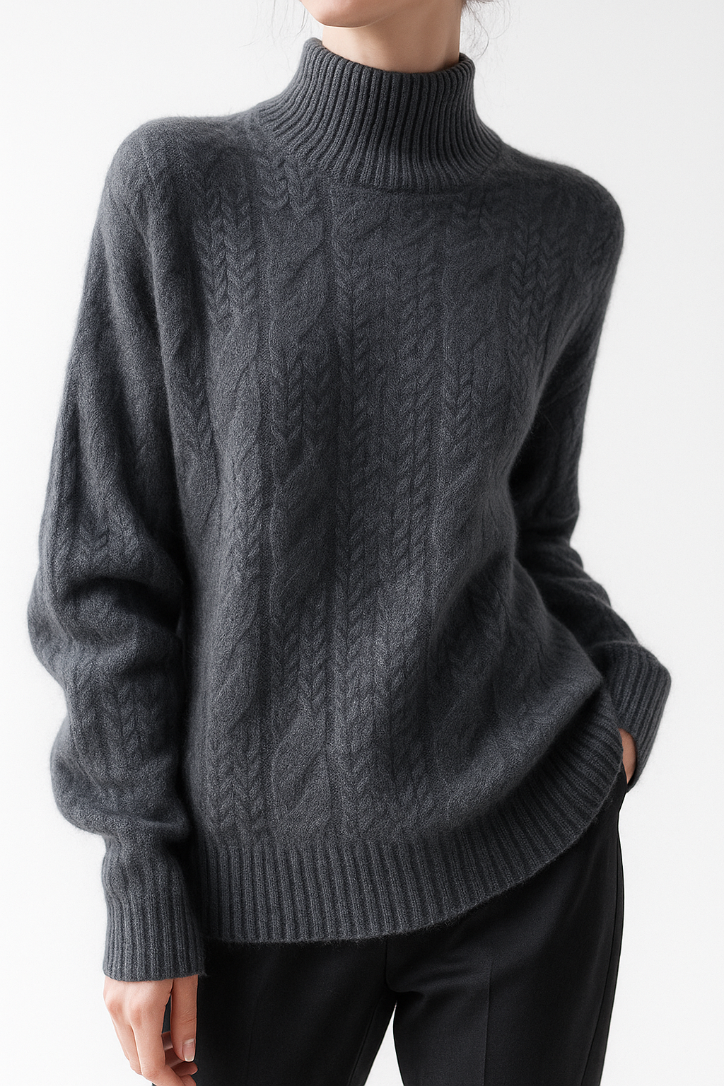 Christine Brewer Janet cashmere cable knit sweater for women, featuring a cozy, elegant design in soft cream with classic cable patterns.