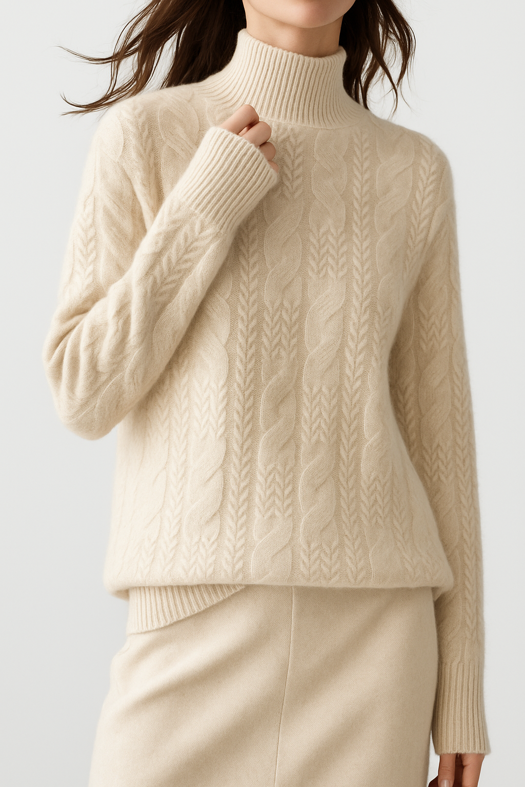 Christine Brewer Janet cashmere cable knit sweater for women, featuring a cozy, textured knit design and a classic fit.
