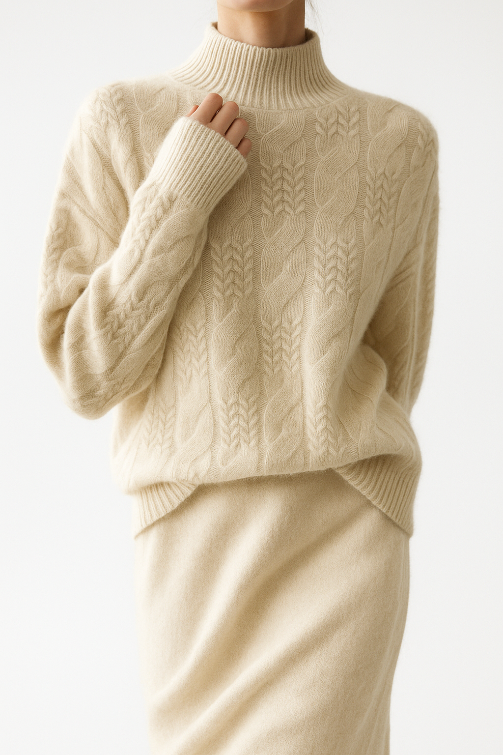 Cashmere cable knit sweater for women by Christine Brewer, featuring a cozy, textured design and classic fit.