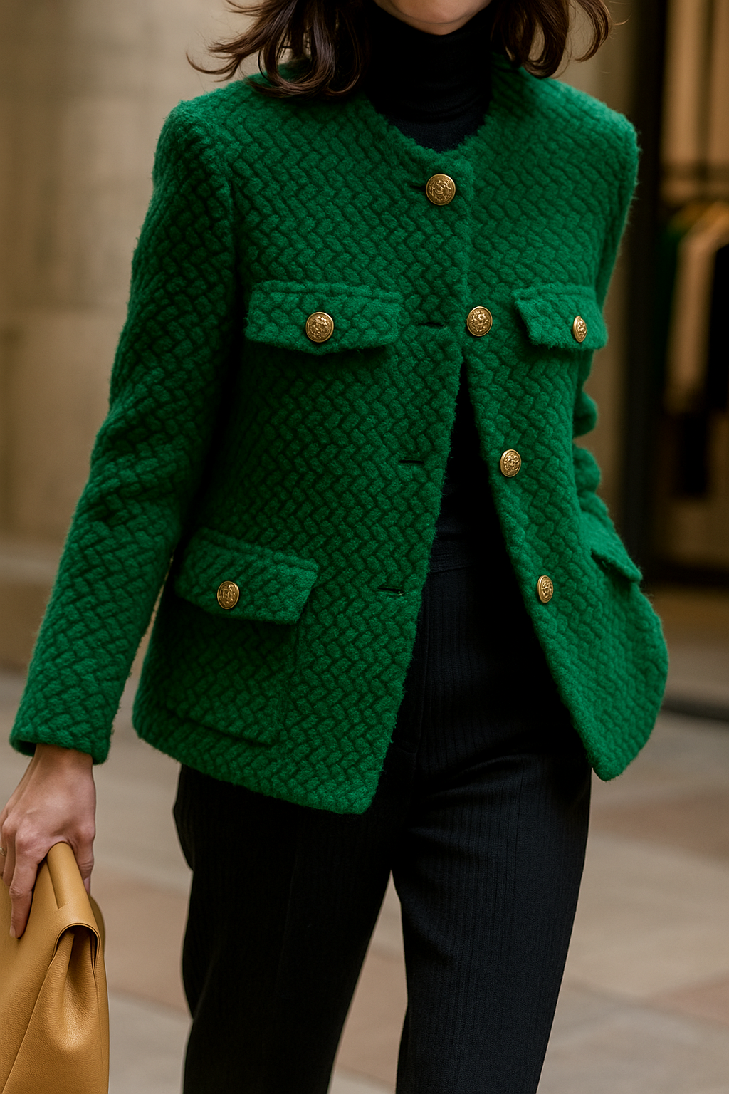 Elegant green velvet short jacket for women by Christine Brewer, stylish and tailored with a smooth texture and modern fit.