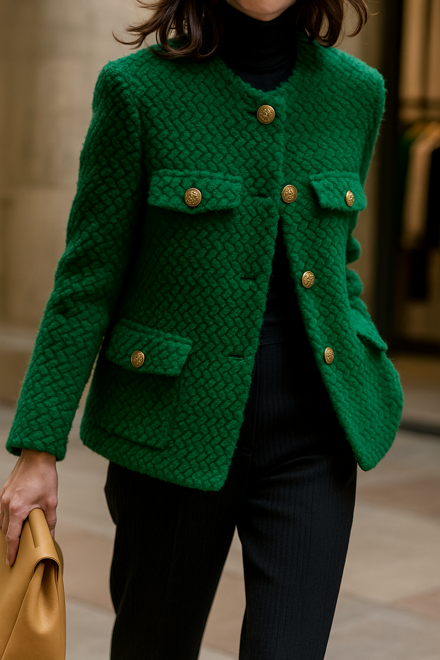 Elegant green velvet short jacket for women by Christine Brewer, stylish and tailored with a smooth texture and modern fit.