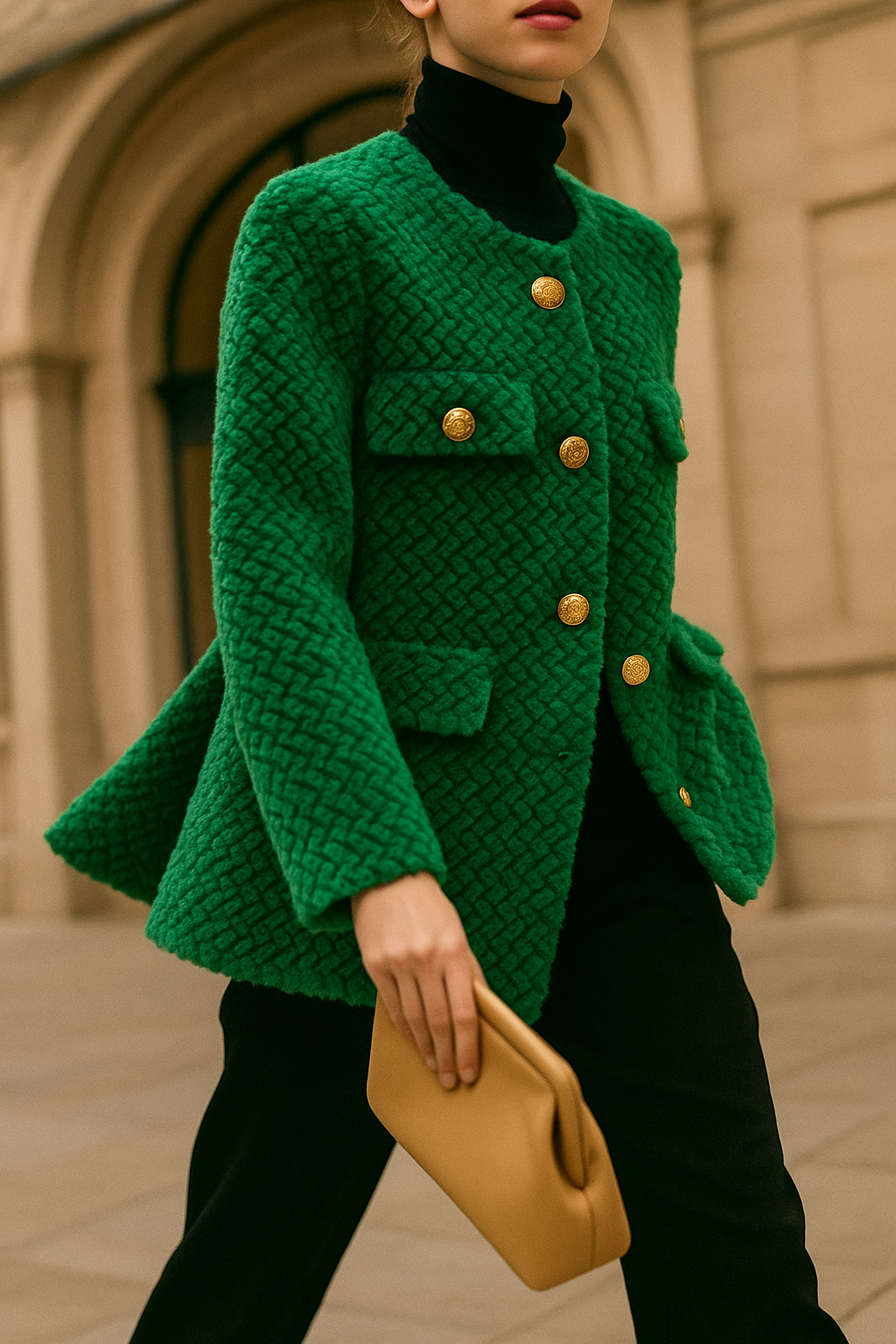 Elegant green velvet short jacket for women by Christine Brewer, featuring a stylish tailored fit and luxurious fabric.