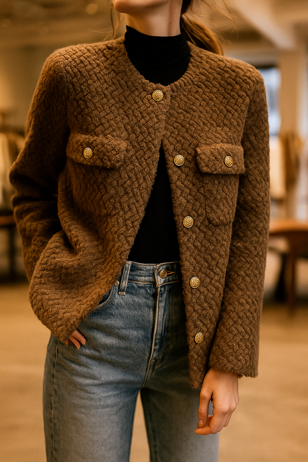 Luxurious brown velvet short jacket for women by Christine Brewer, stylish and cozy with a smooth texture and tailored fit.