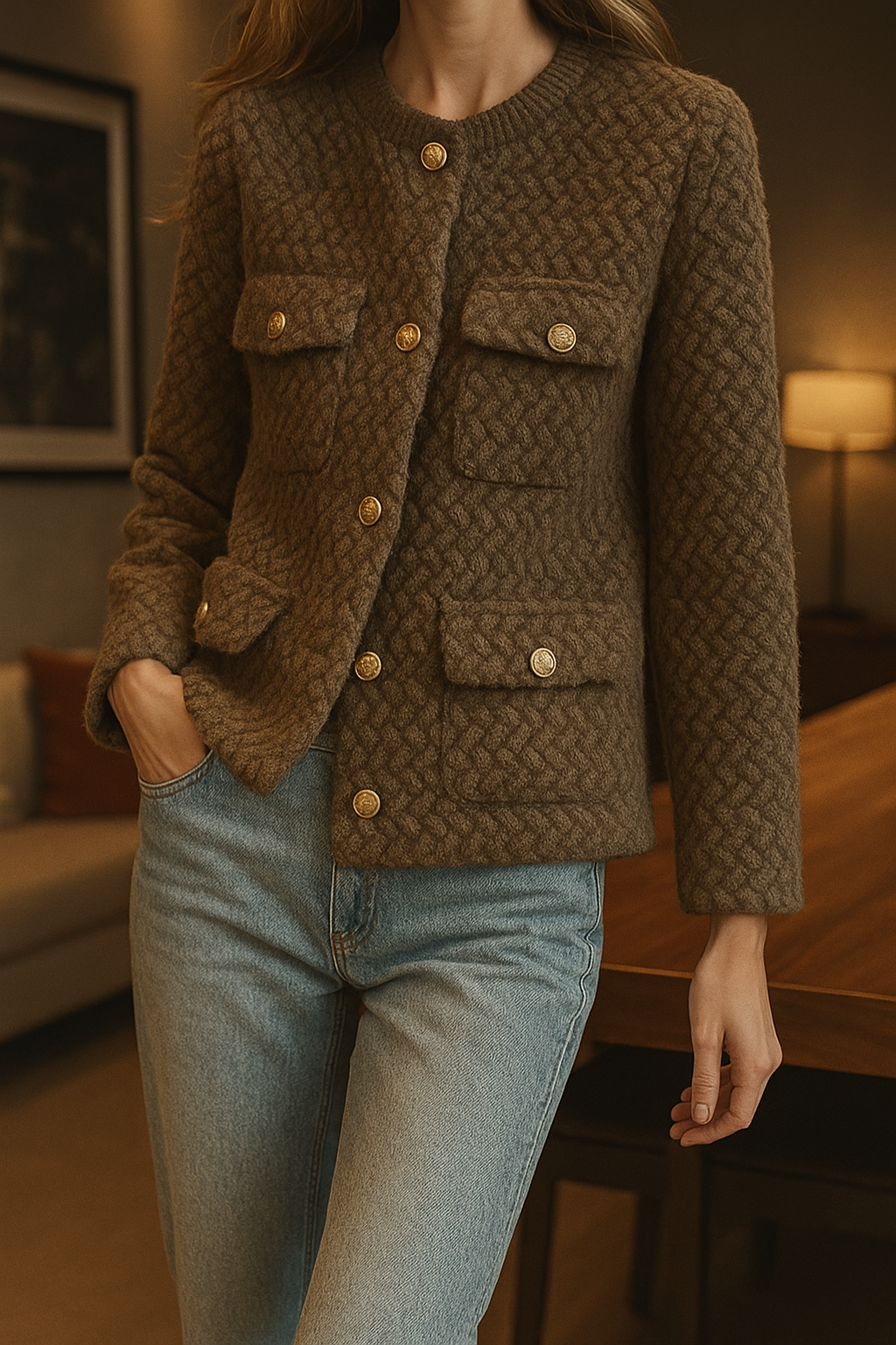 Luxurious brown velvet short jacket for women by Christine Brewer, shown on a model, stylish and elegant with a tailored fit.
