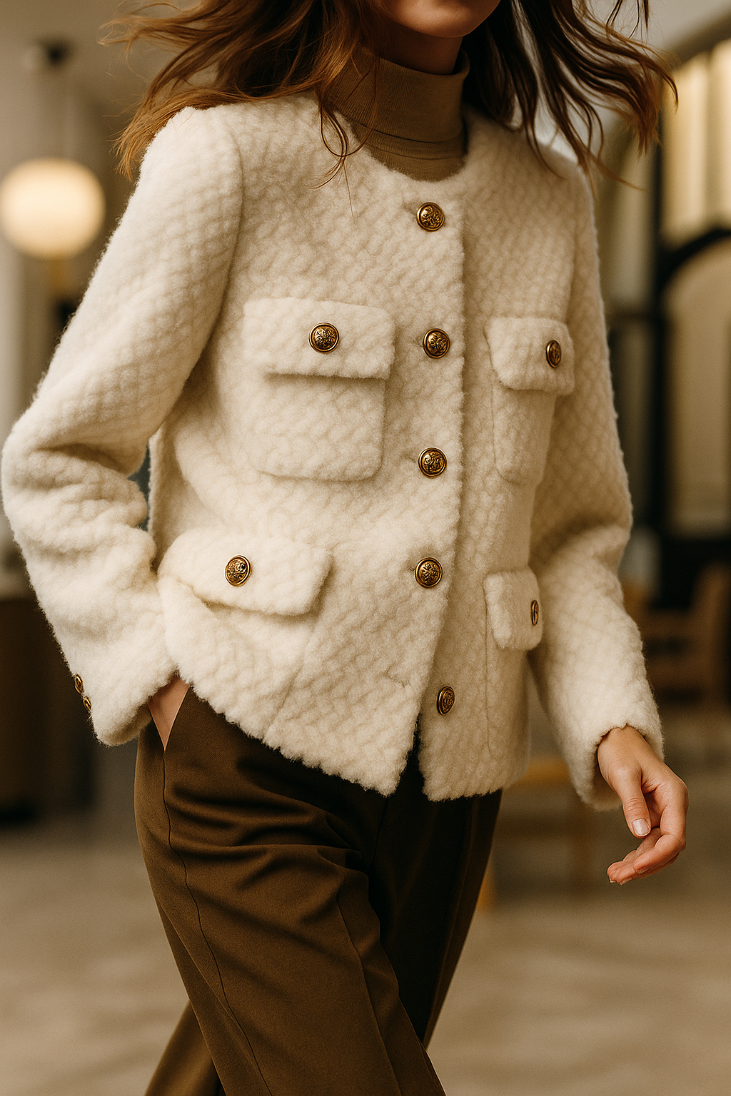 Woman wearing Christine Brewer Aria velvet short jacket, stylish winter coat with luxurious fabric and tailored fit.