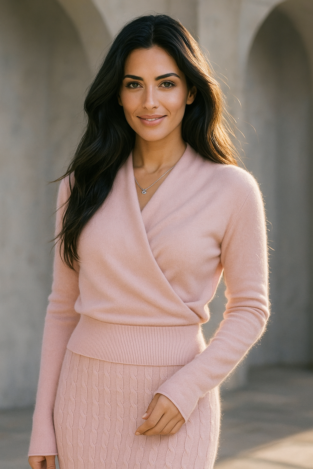 Helen women's cashmere sweater in soft pink from Christine Brewer, featuring a cozy, elegant knit design.