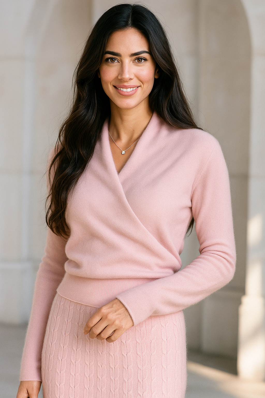 Helen cashmere sweater for women in soft pink, featuring a cozy, elegant knit design by Christine Brewer.