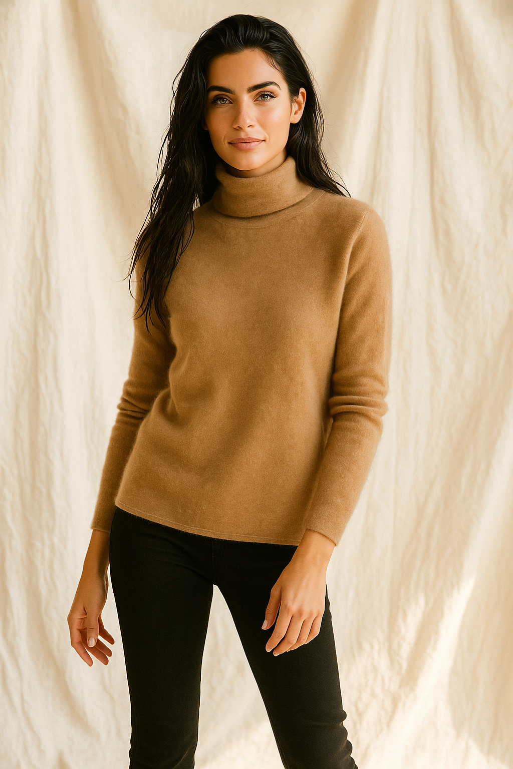 Christine Brewer Gabrielle cashmere turtleneck sweater for women, soft beige knit with a cozy turtleneck design.