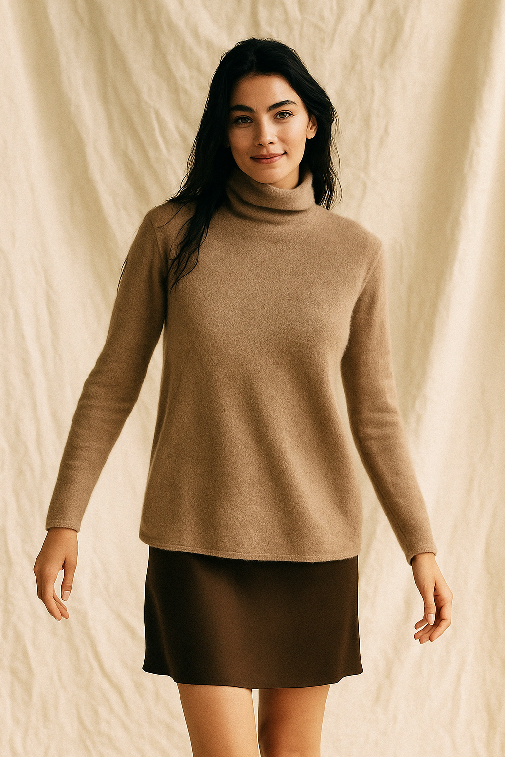 Beige Christine Brewer Gabrielle cashmere turtleneck sweater for women, featuring a cozy, luxurious fit and classic design.