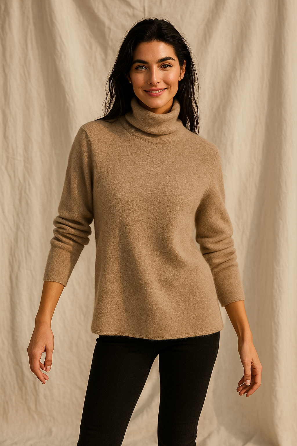 Cream-colored Christine Brewer Gabrielle cashmere turtleneck sweater for women, featuring a cozy, luxurious knit fit.