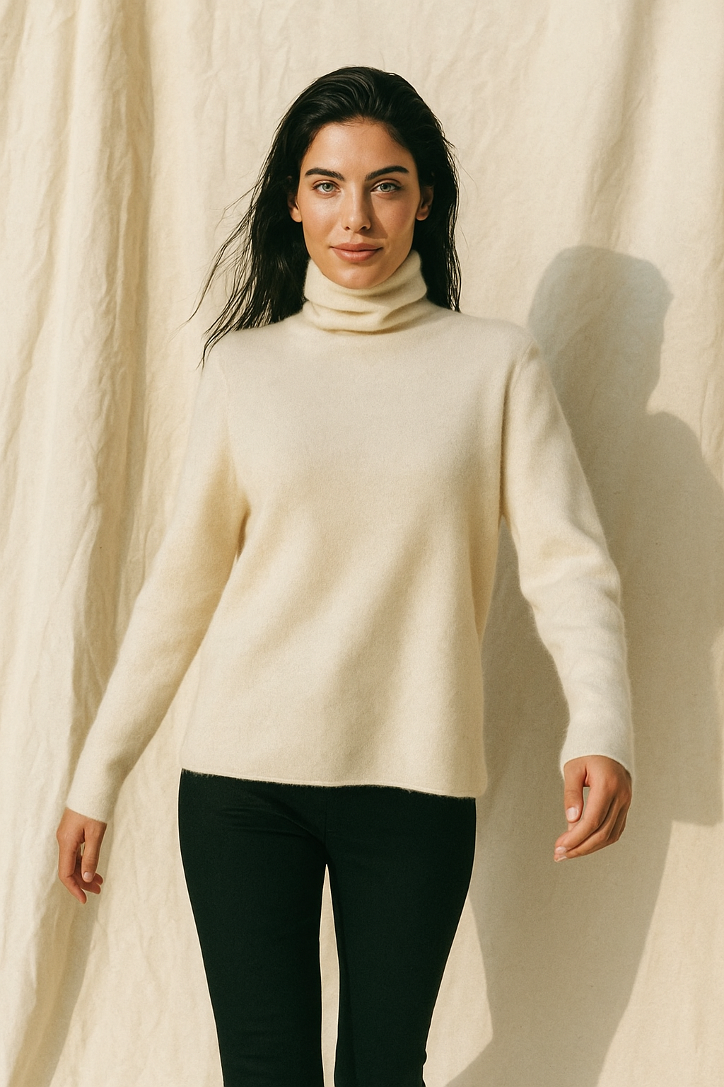 Woman wearing a cream Christine Brewer Gabrielle cashmere turtleneck sweater, showcasing its soft, cozy fit and elegant style.
