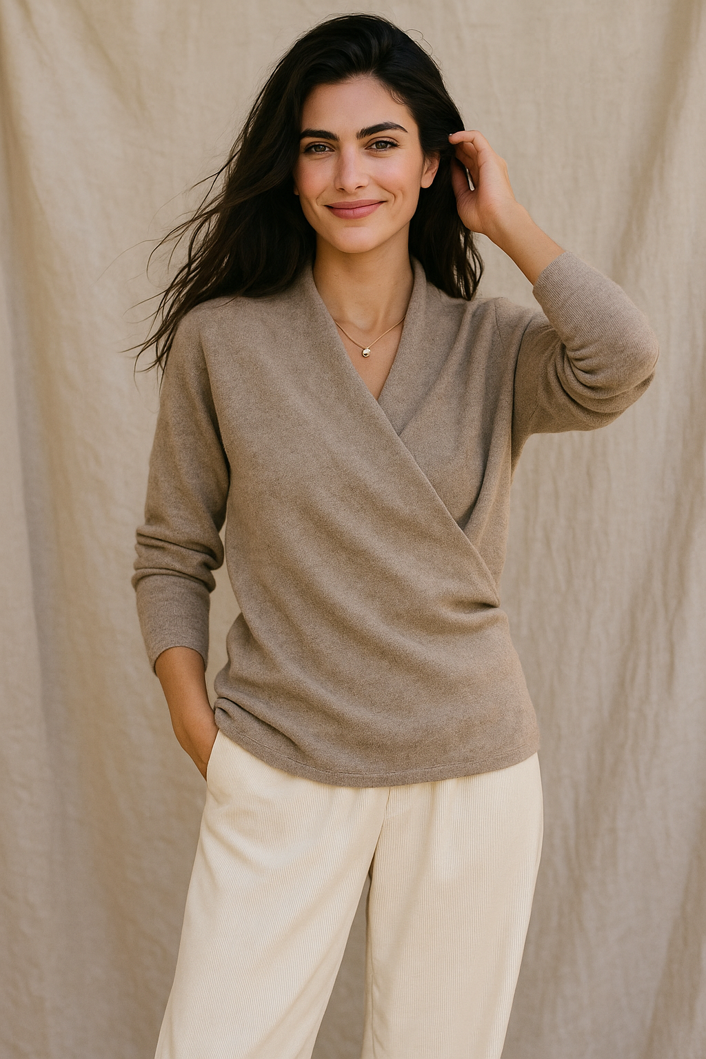 Woman wearing a cozy Christine Brewer Gwen cashmere V-neck sweater, showcasing the soft knit and relaxed fit.