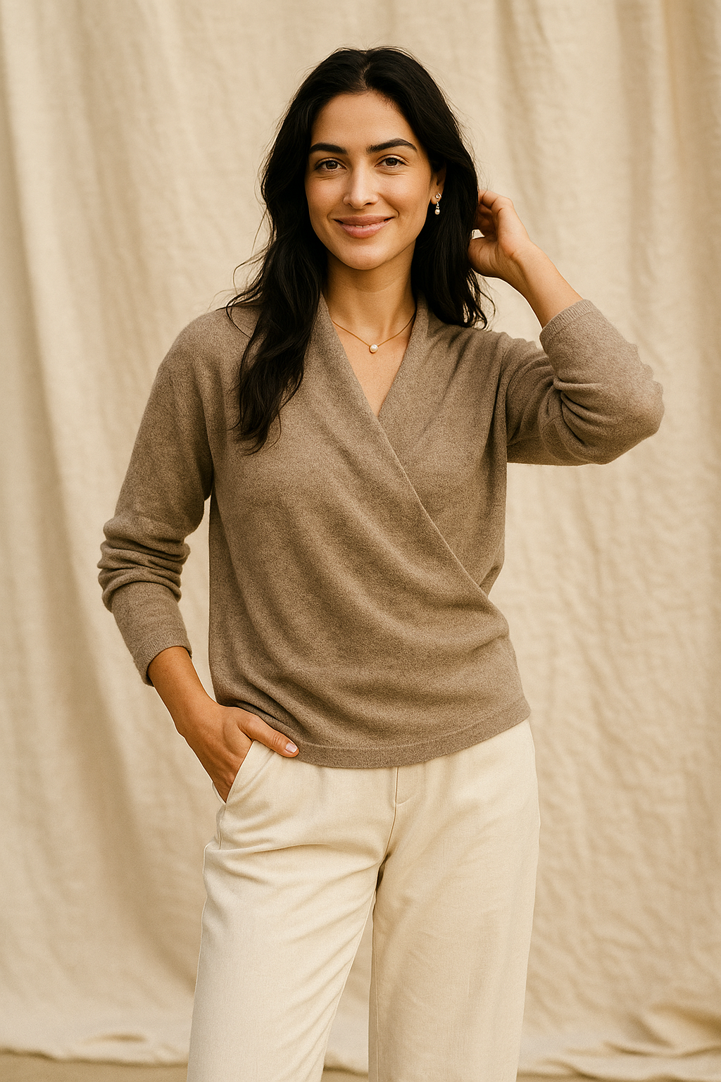 Woman wearing Christine Brewer Gwen cashmere V-neck sweater, cozy and stylish in soft, luxurious knit fabric.