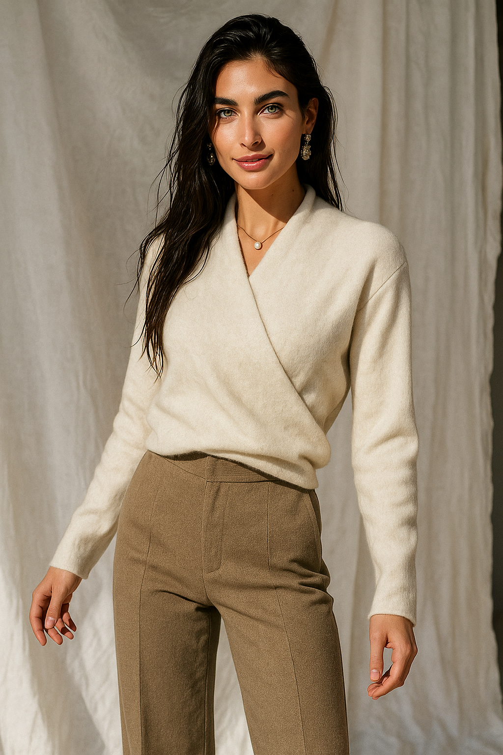 Women’s Gwen cashmere v-neck sweater by Christine Brewer, cozy and elegant in soft beige fabric, close-up view of the knit texture.