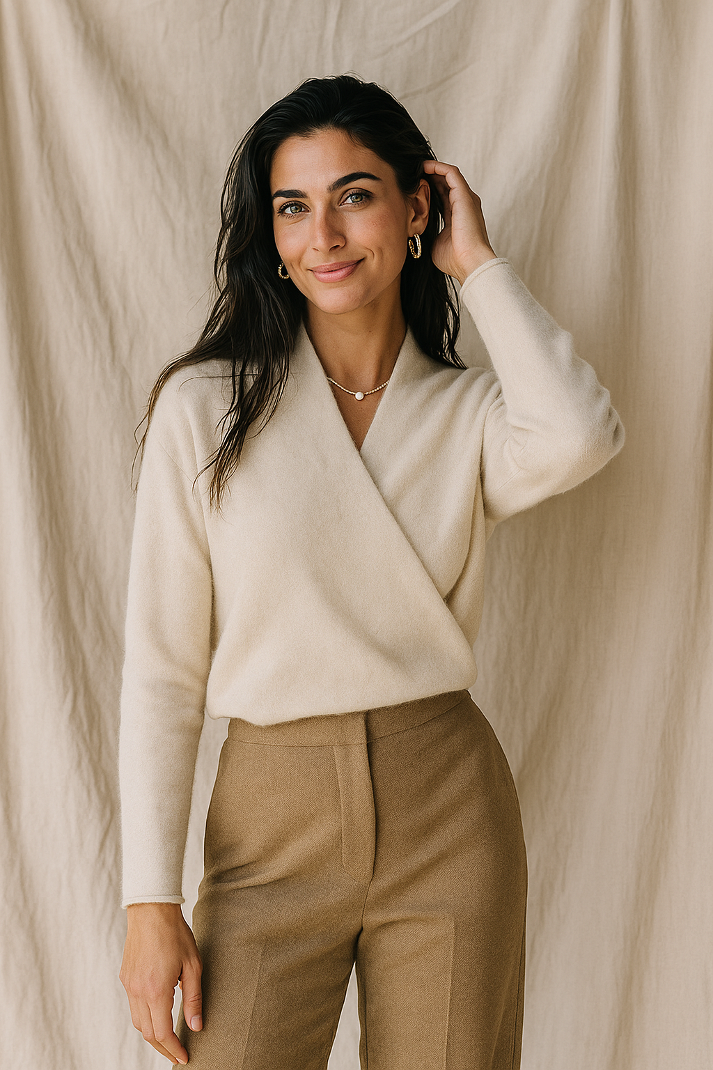 Christine Brewer Gwen cashmere V-neck sweater for women, soft and cozy knit with a stylish fit, shown in a neutral color.
