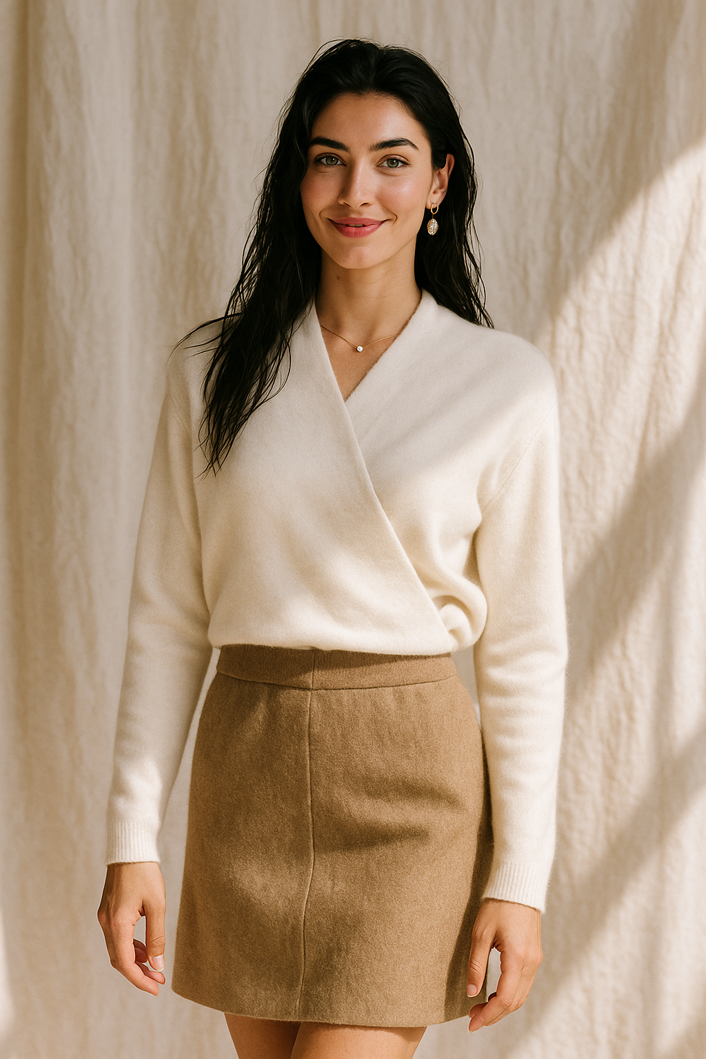Elegant Gwen cashmere V-neck sweater for women by Christine Brewer, showcasing soft, luxurious knit fabric and classic design.