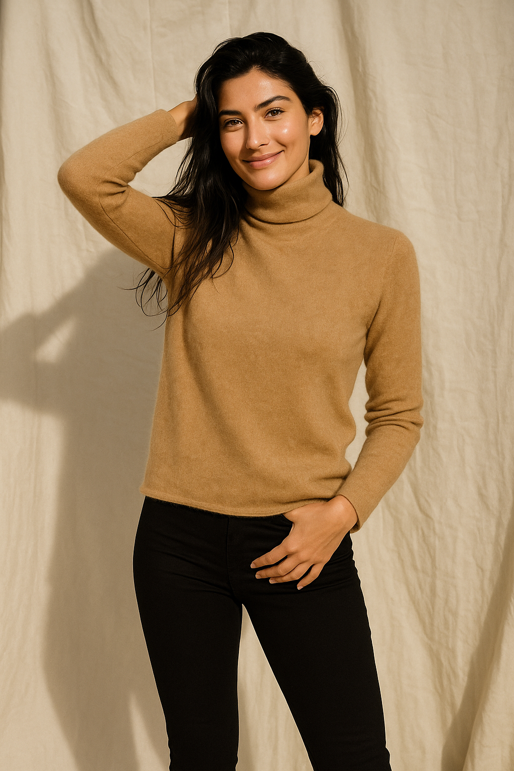 Pink cashmere turtleneck sweater for women by Christine Brewer, featuring a cozy and elegant design.