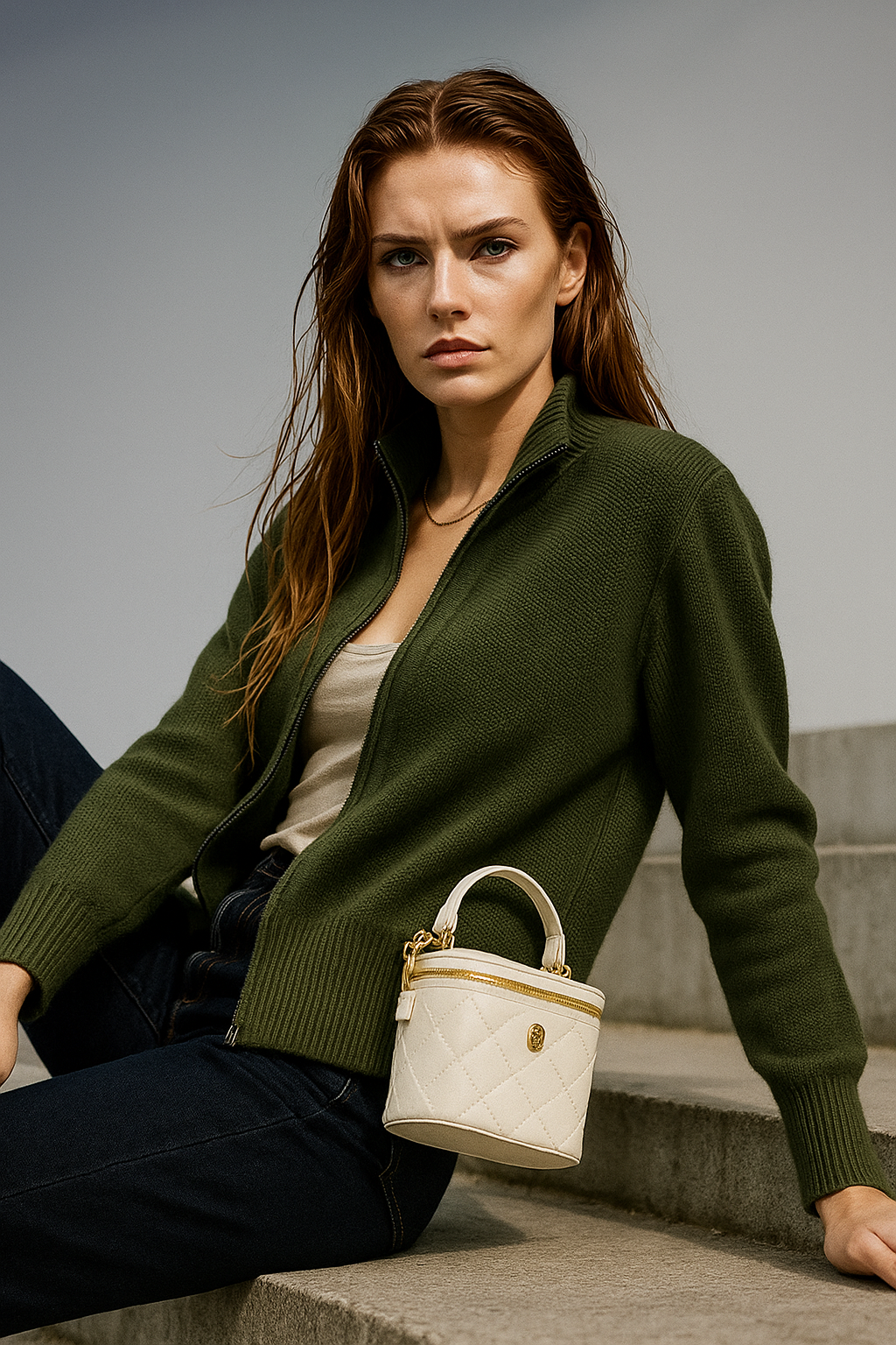 Wool zip-up cardigan for women by Christine Brewer featuring a stylish jean-inspired look and a cozy, fitted design.