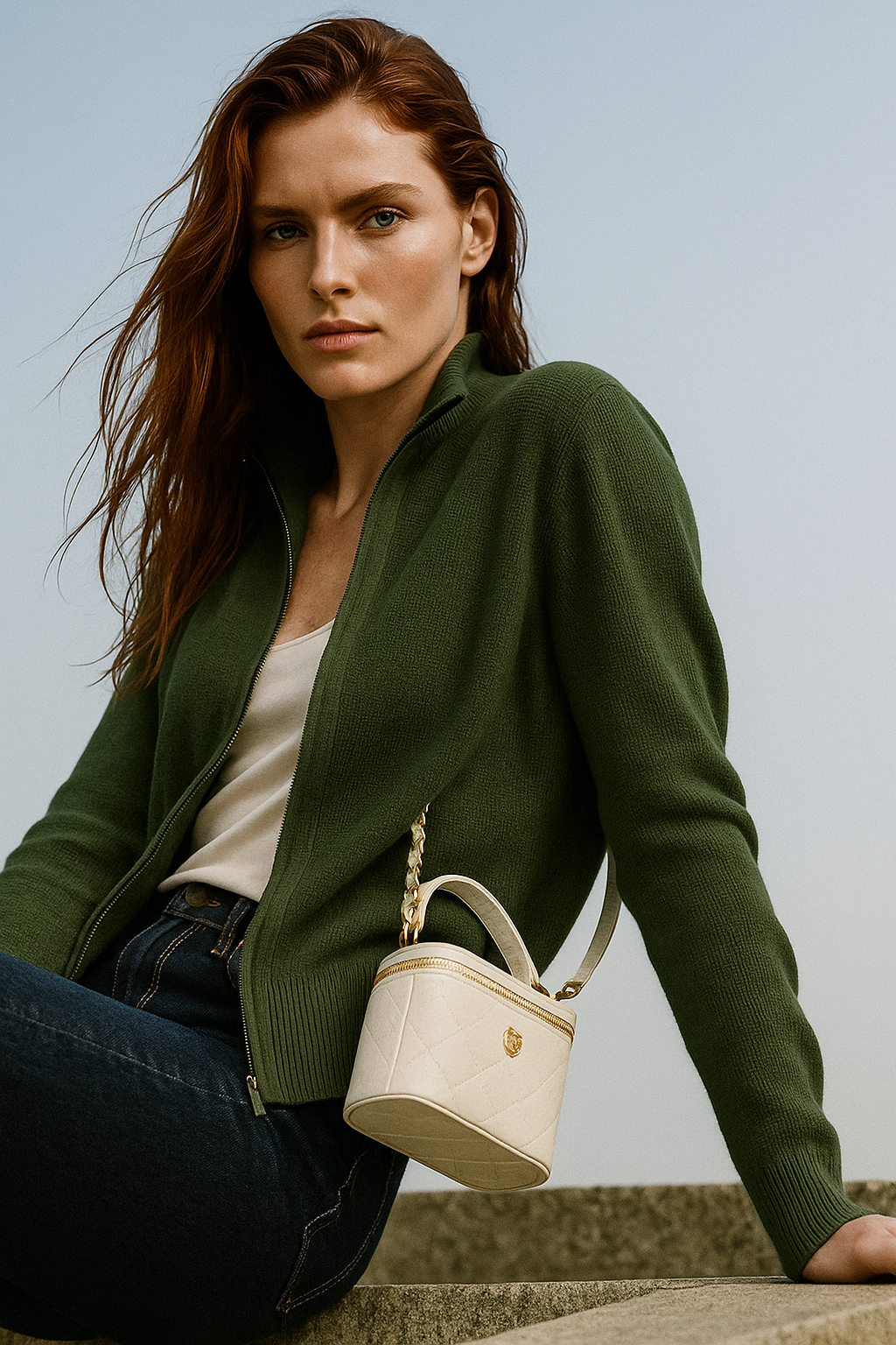 Women’s wool zip-up cardigan by Christine Brewer featuring a stylish jean-inspired design and a comfortable, casual fit.