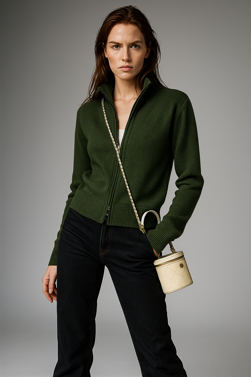 Woman wearing Christine Brewer wool zip-up jean cardigan, stylish and cozy, in a relaxed pose showcasing the front and details.