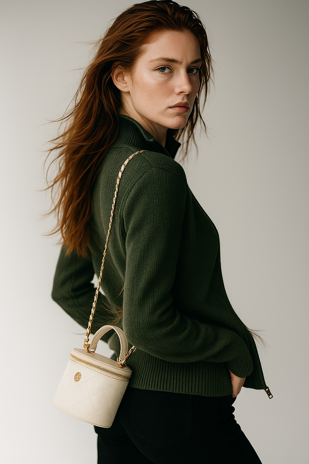 Women’s green wool zip-up cardigan by Christine Brewer, stylish and cozy with a front zipper and fitted design.