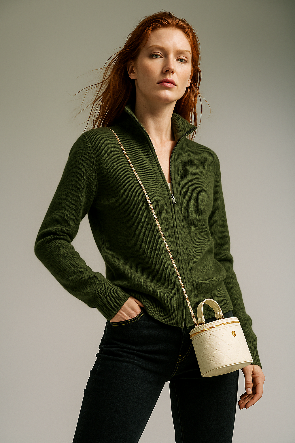 Woman wearing a green wool zip-up cardigan by Christine Brewer, featuring a stylish jean-inspired design and front zipper.
