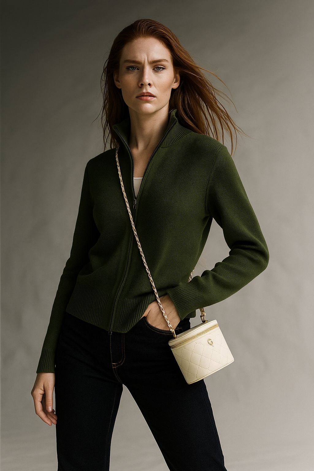 Women’s green wool zip-up cardigan by Christine Brewer, featuring a stylish fit and front zipper detail.