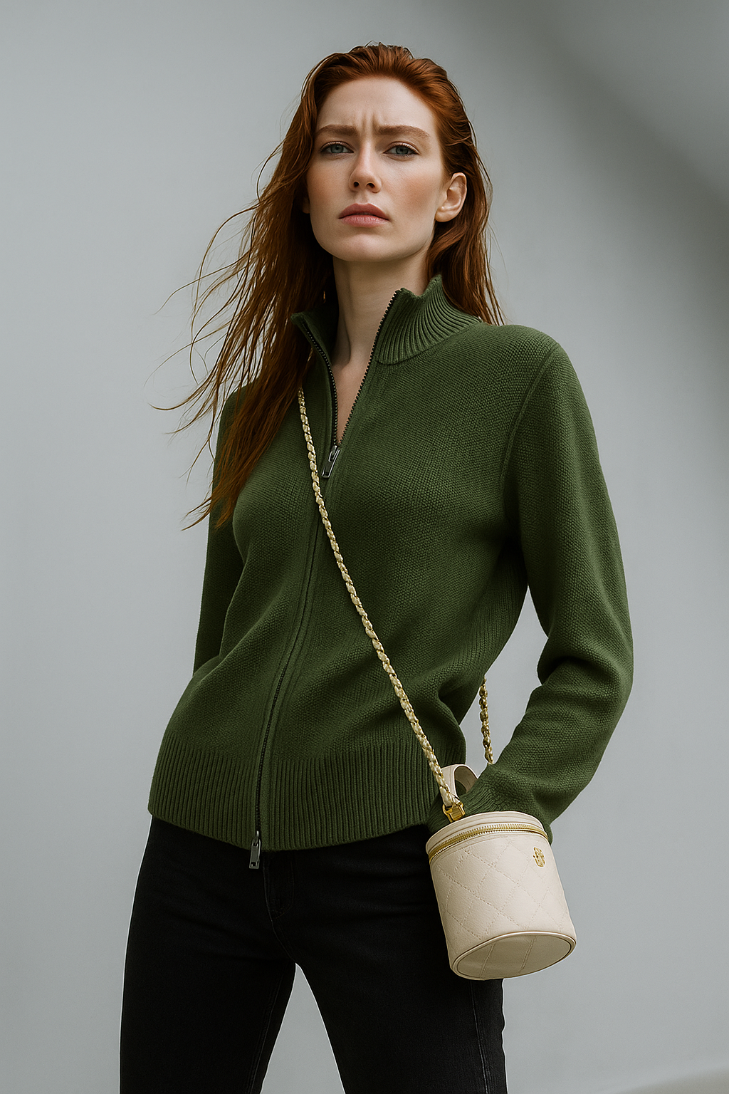 Women’s green wool zip-up cardigan by Christine Brewer, featuring a cozy fit and stylish design.