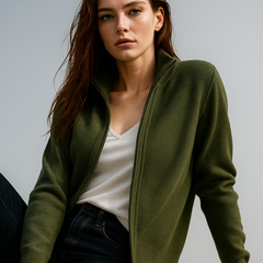 Women’s wool zip-up cardigan by Christine Brewer featuring a classic jean-style design and a cozy fit.
