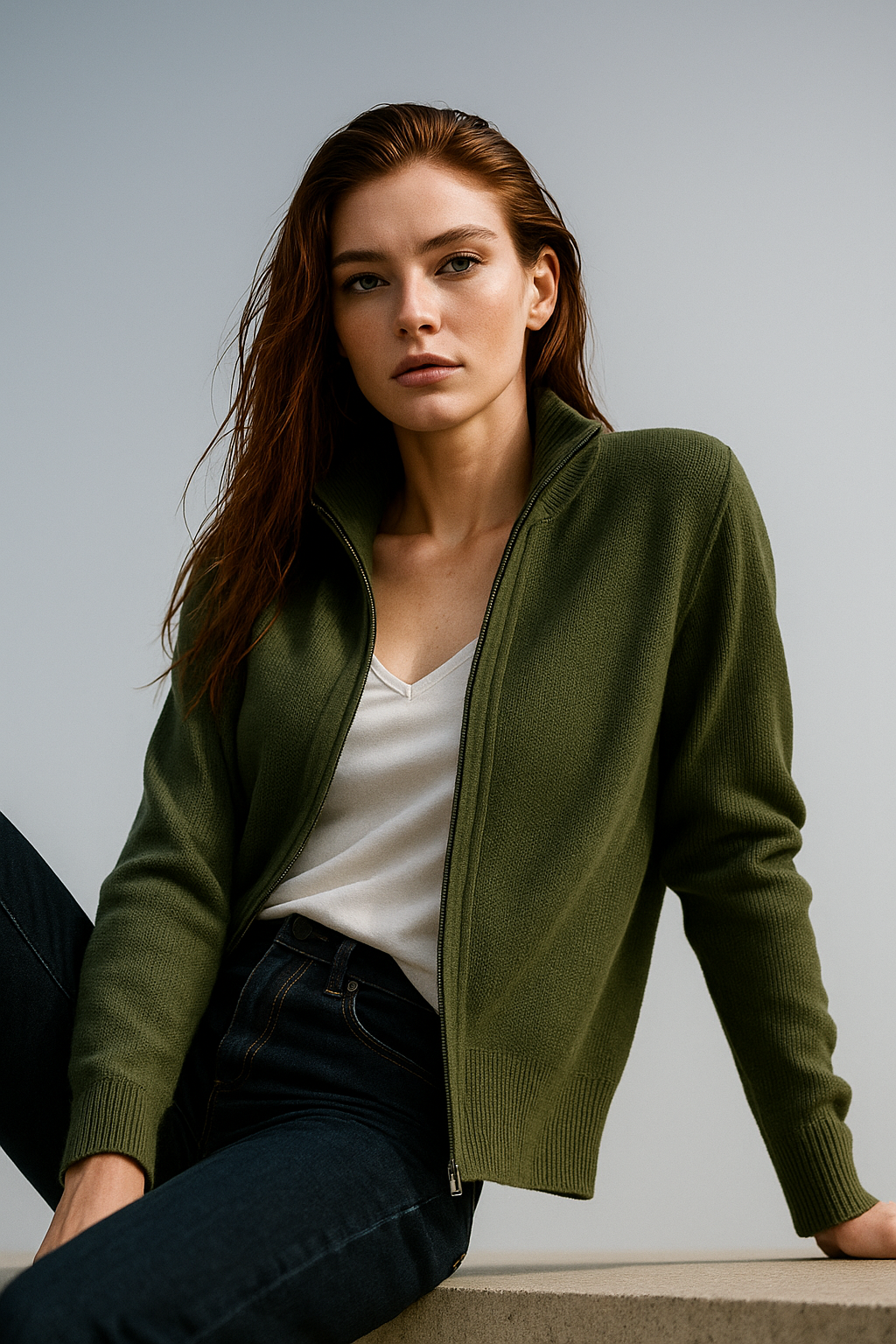 Women’s wool zip-up cardigan by Christine Brewer featuring a classic jean-style design and a cozy fit.