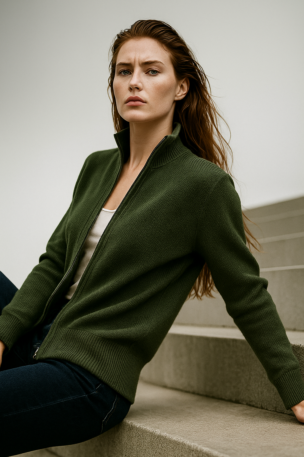 Woman wearing a wool zip-up jean cardigan by Christine Brewer, front view showing the cozy, fitted style and button details.