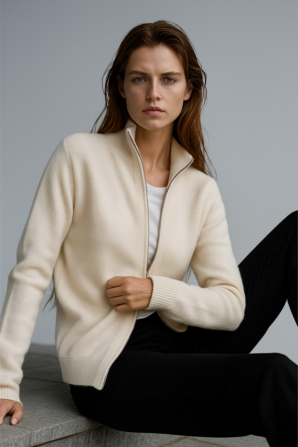 Women's wool zip-up cardigan by Christine Brewer featuring classic jean-inspired styling and a comfortable, cozy fit.