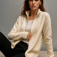 Women's wool zip-up cardigan by Christine Brewer featuring a stylish jean-inspired design, perfect for casual wear.