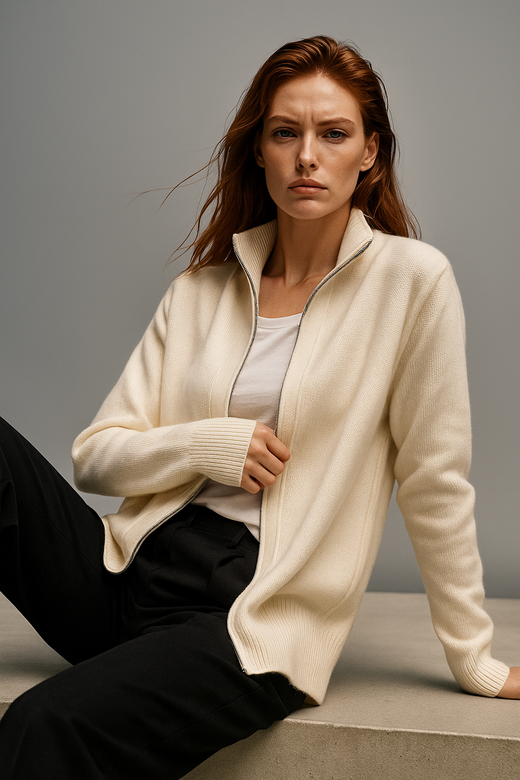 Women's wool zip-up cardigan by Christine Brewer featuring a stylish jean-inspired design, perfect for casual wear.