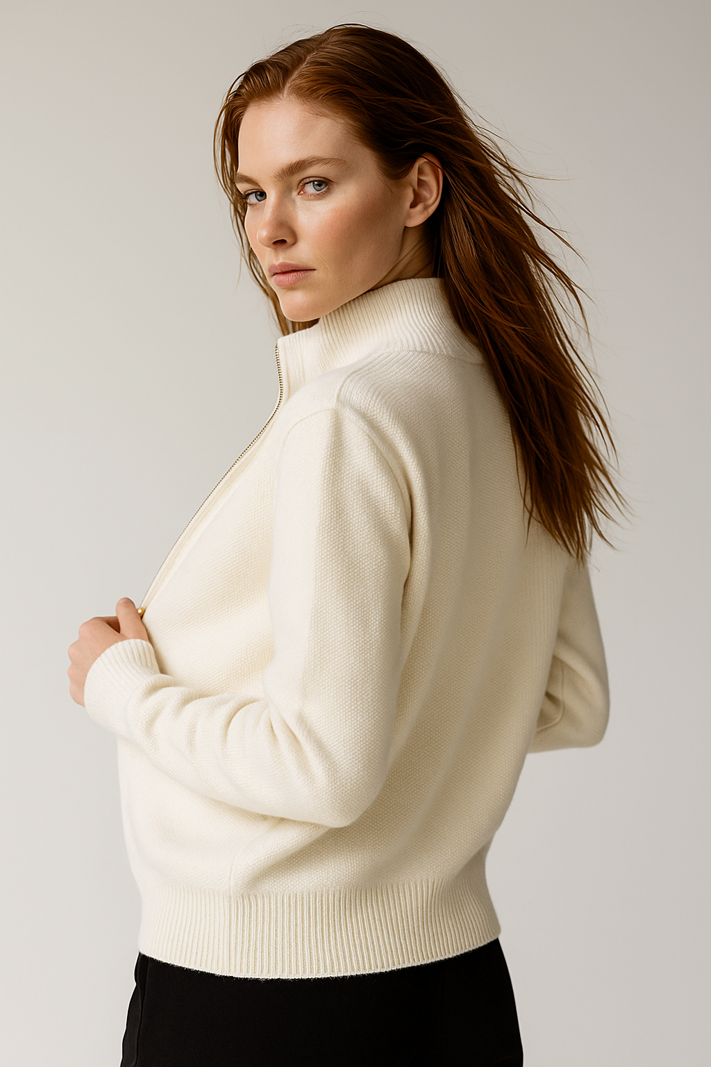 Women's wool zip-up cardigan by Christine Brewer featuring a stylish jean-inspired design and a comfortable, elegant fit.