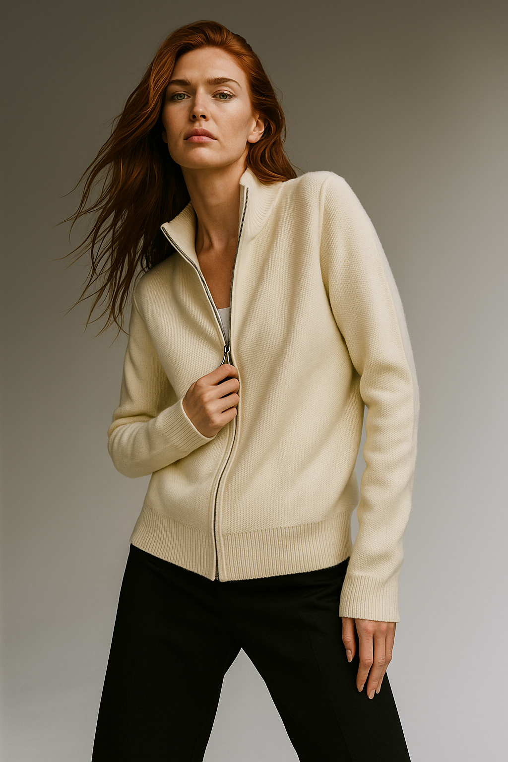 Wool zip-up cardigan for women by Christine Brewer, featuring a stylish, elegant design with a front zipper and cozy fit.