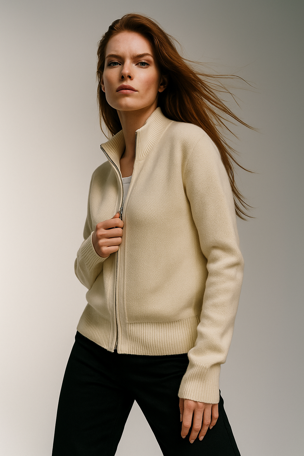 Wool zip-up jean cardigan for women by Christine Brewer, featuring a stylish, fitted design with a front zipper and elegant details.