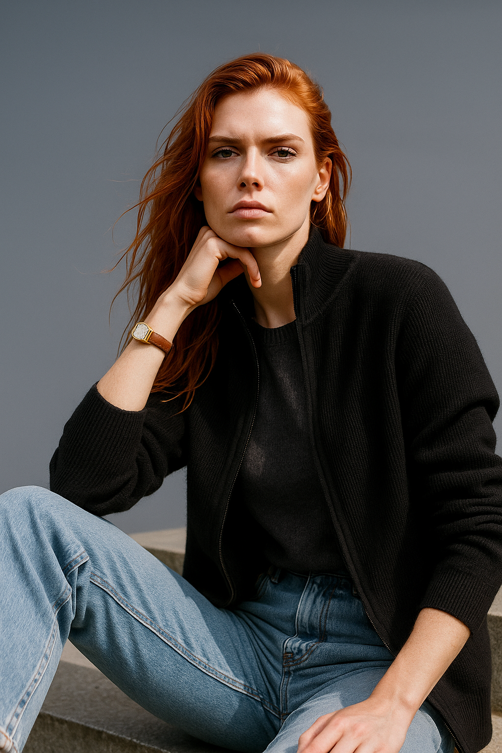 Wool zip-up women's cardigan by Christine Brewer featuring a stylish, elegant design with a front zipper and ribbed cuffs.