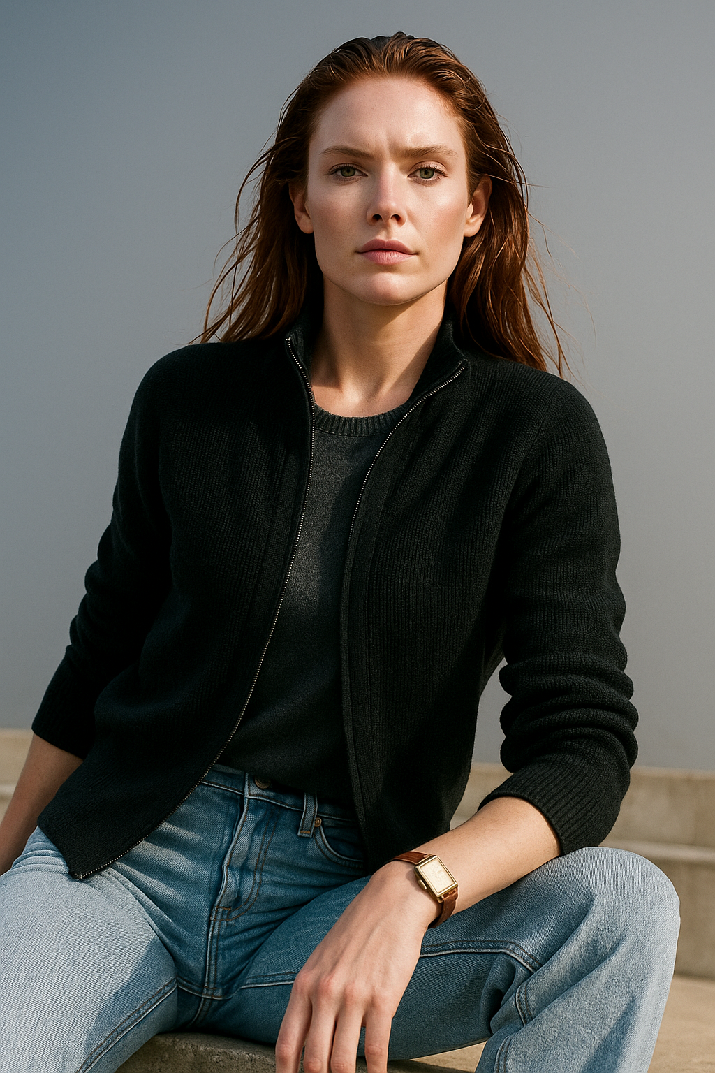 Women’s wool zip-up cardigan by Christine Brewer featuring a stylish and elegant design in a versatile knit fabric.