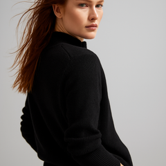 Women’s wool zip-up cardigan by Christine Brewer, stylish jean-inspired design with a comfortable fit and front zipper closure.