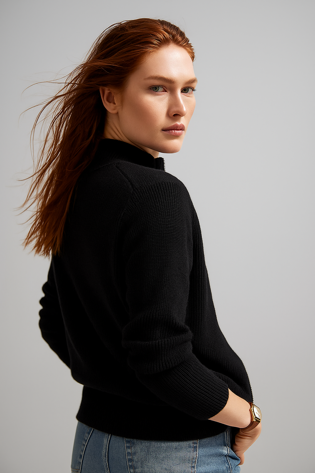 Women’s wool zip-up cardigan by Christine Brewer, stylish jean-inspired design with a comfortable fit and front zipper closure.