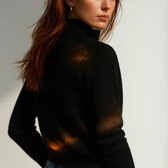 Women’s wool zip-up cardigan by Christine Brewer, stylish jean-inspired design with a front zipper and cozy fit.